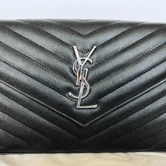 YSL Saint Laurent MONOGRAM CHAIN WALLET | BLACK GRAIN DE POUDRE EMBOSSED LEATHER - Picture 2 of 16